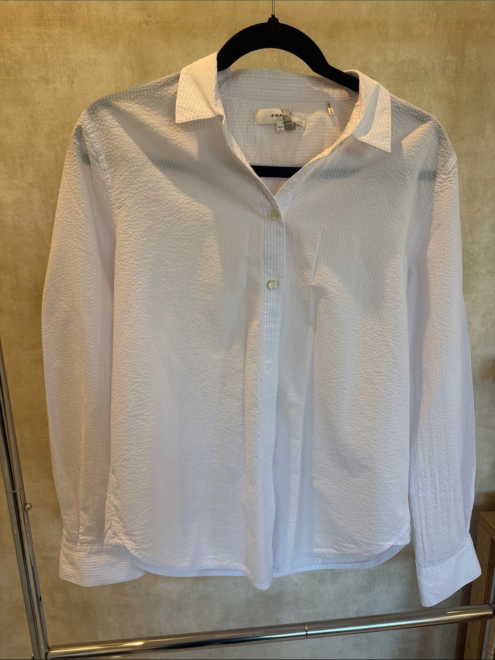 Frame Denim White Textured Button-Down Blouse - light blue and white